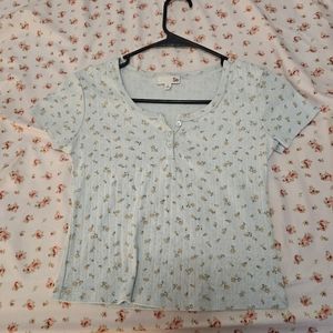 Blue and Orange Floral Eyelet Crop Top with Buttons